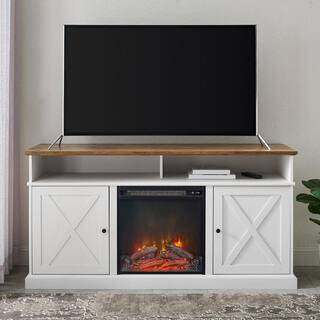 Welwick Designs 60 in. Reclaimed Barnwood and Brushed White Wood X Door TV Stand Fits TVs up to 65 in. with Electric Fireplace HD8758