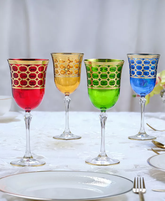 Lorren Home Trends Multicolor White Wine Goblet with Gold-Tone Rings Set of 4