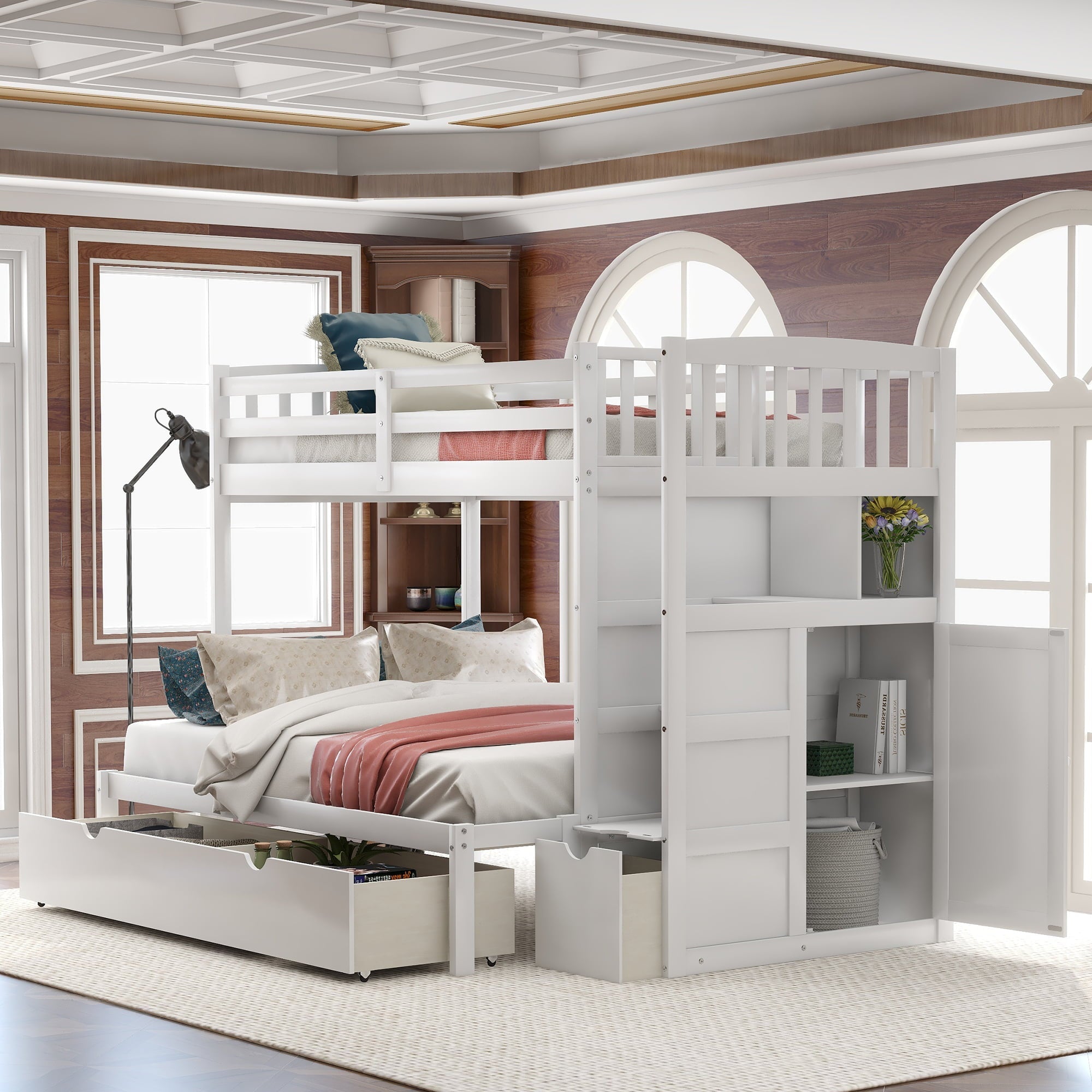 Modern Twin Bunk Bed with Drawer and Cabinet for Kids Bedroom, White