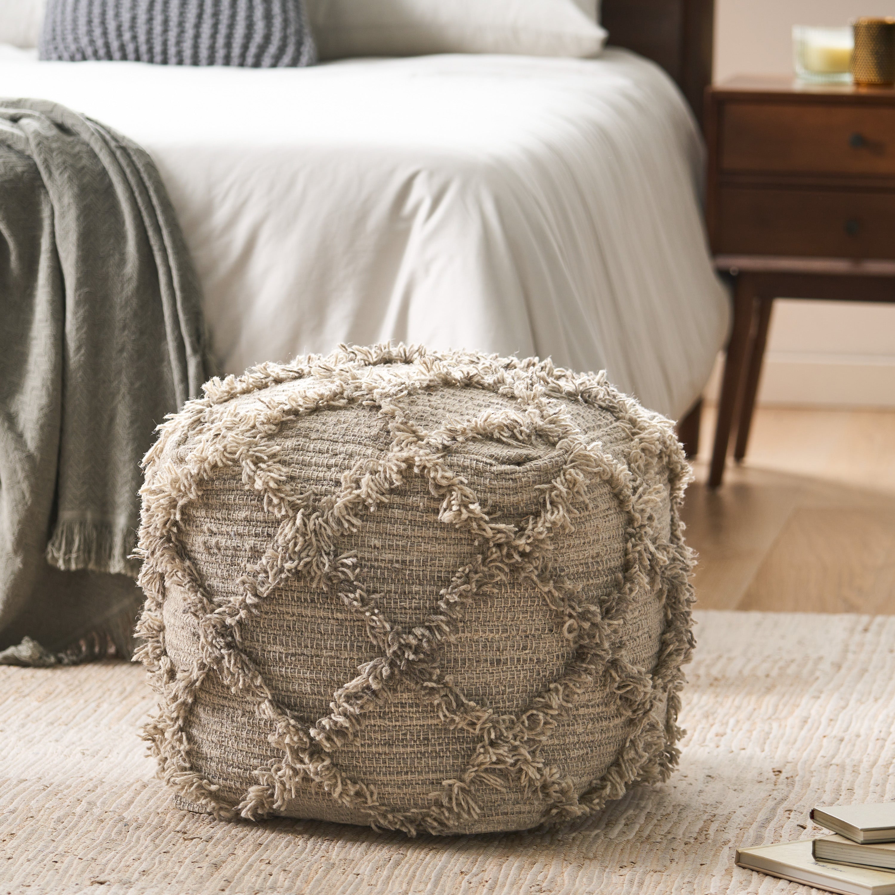 Viraj Boho Artisan Hand Woven Wool and Cotton Cube Pouf