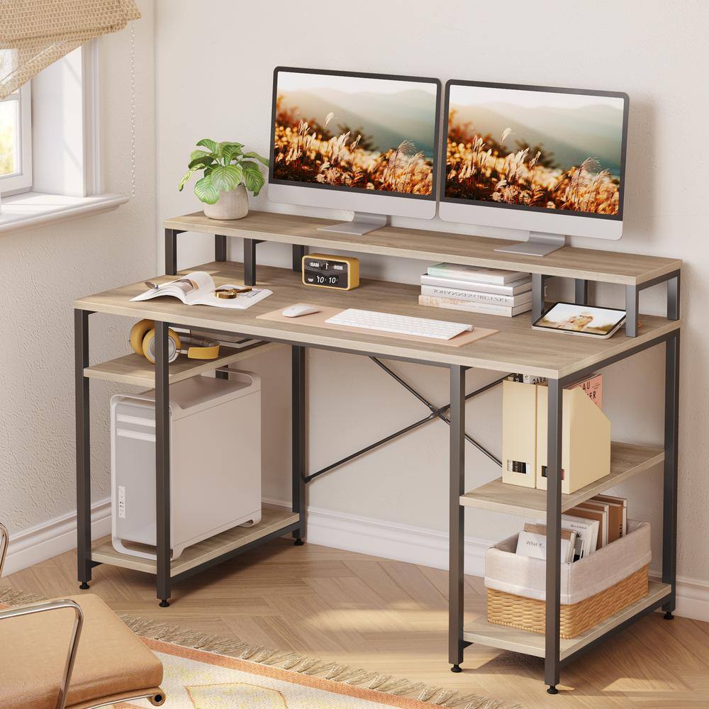 Bestier 55.12 in. Light Oak Computer Desk with Monitor Shelf D074G-OAK