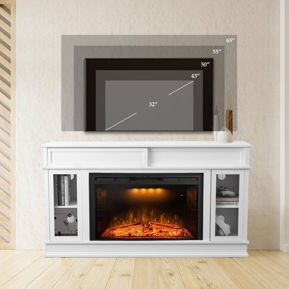 Prismaster ...keeps your home stylish 60 in. TV Stand for 65 in. TVs with Electric Fireplace Built-In Bookshelves Spring Pressed Glass Door White M09BL33WTPR04