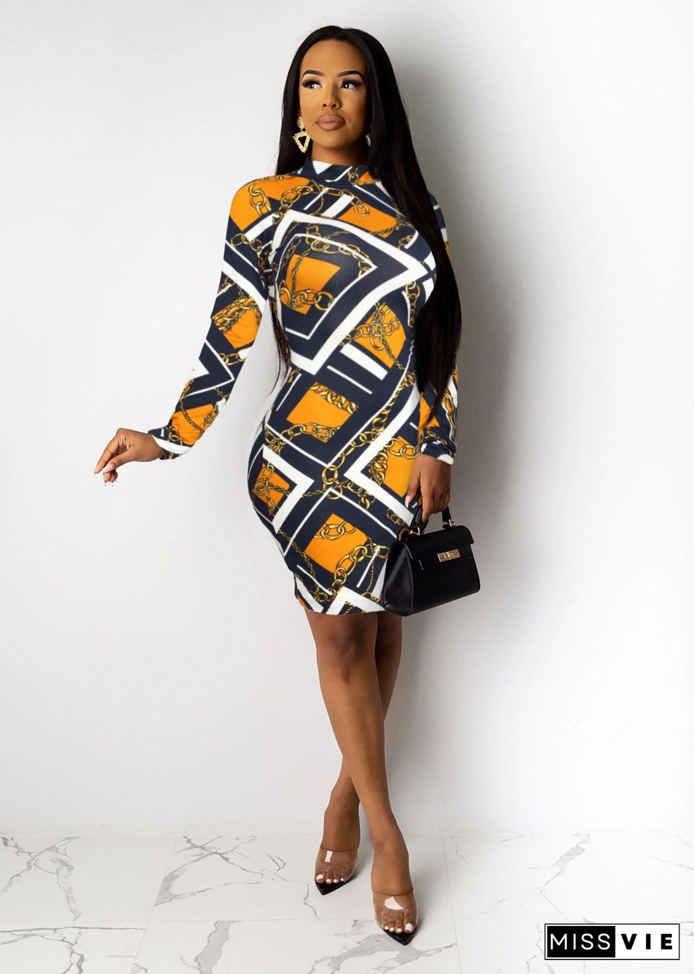 Full Print Long Sleeve O Neck Bodycon Dresses