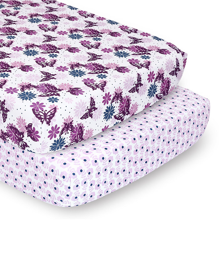 The Peanutshell PSP Sheets Purple Butterfly Purple Ditsy Floral， 2-Pack