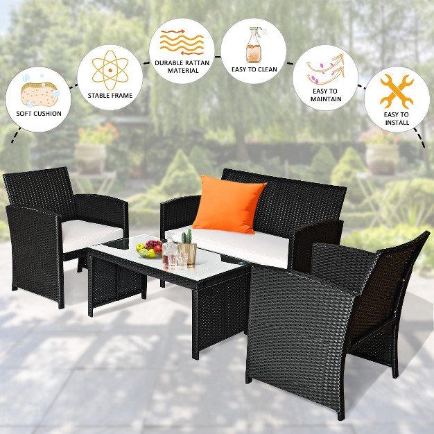 Tangkula 4 Piece Outdoor Patio Rattan Furniture Set Black Wicker Cushioned Seat For Garden Porch Lawn