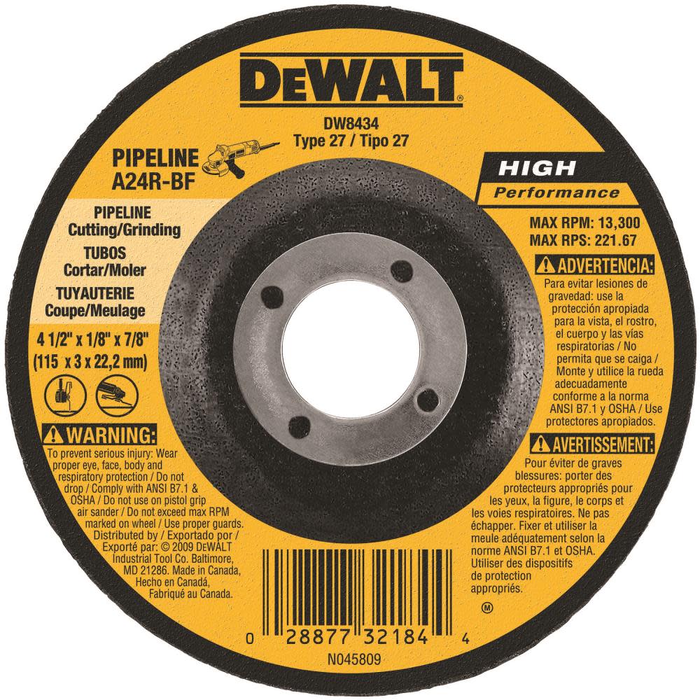 DEWALT 4-1/2 In. x 1/8 In. x 7/8 In. High Performance Pipeline Wheel DW8434 from DEWALT