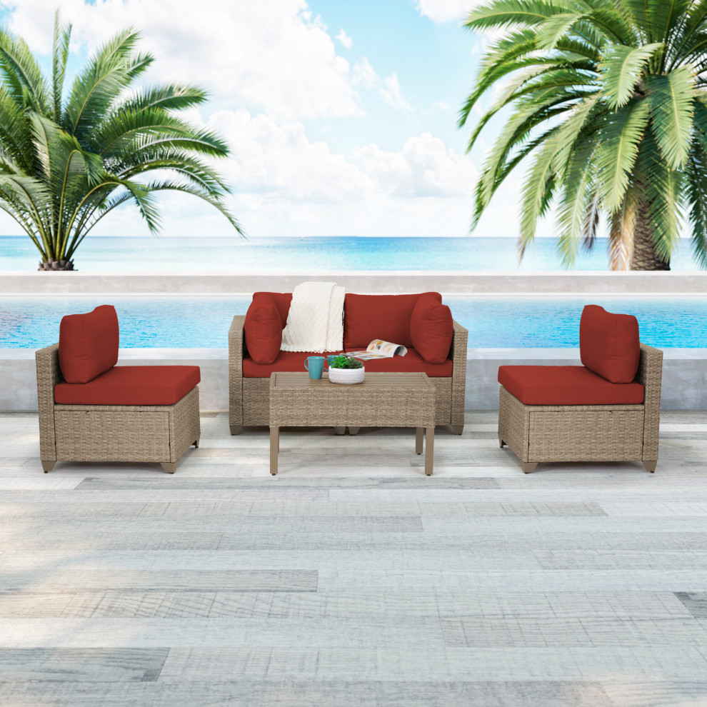 Maui 5 Piece Outdoor Conversation Set With 2 Armless Sofa Seats  Coffee Table   Tropical   Outdoor Lounge Sets   by TKClassics  Houzz