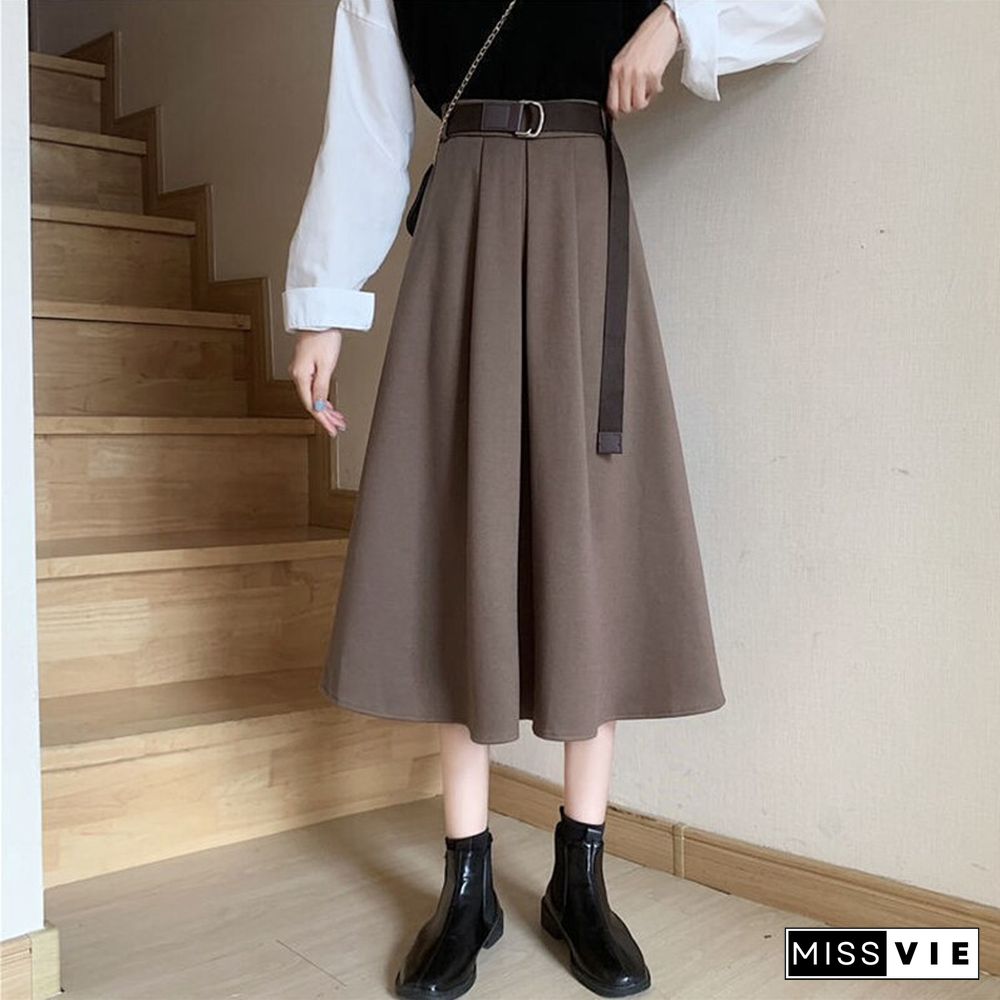 Solid Skirts Women Mid-calf High Waist Friends Korean Style Elegant College Spring Autumn All-match Jupe Mujer Faldas Female Ins