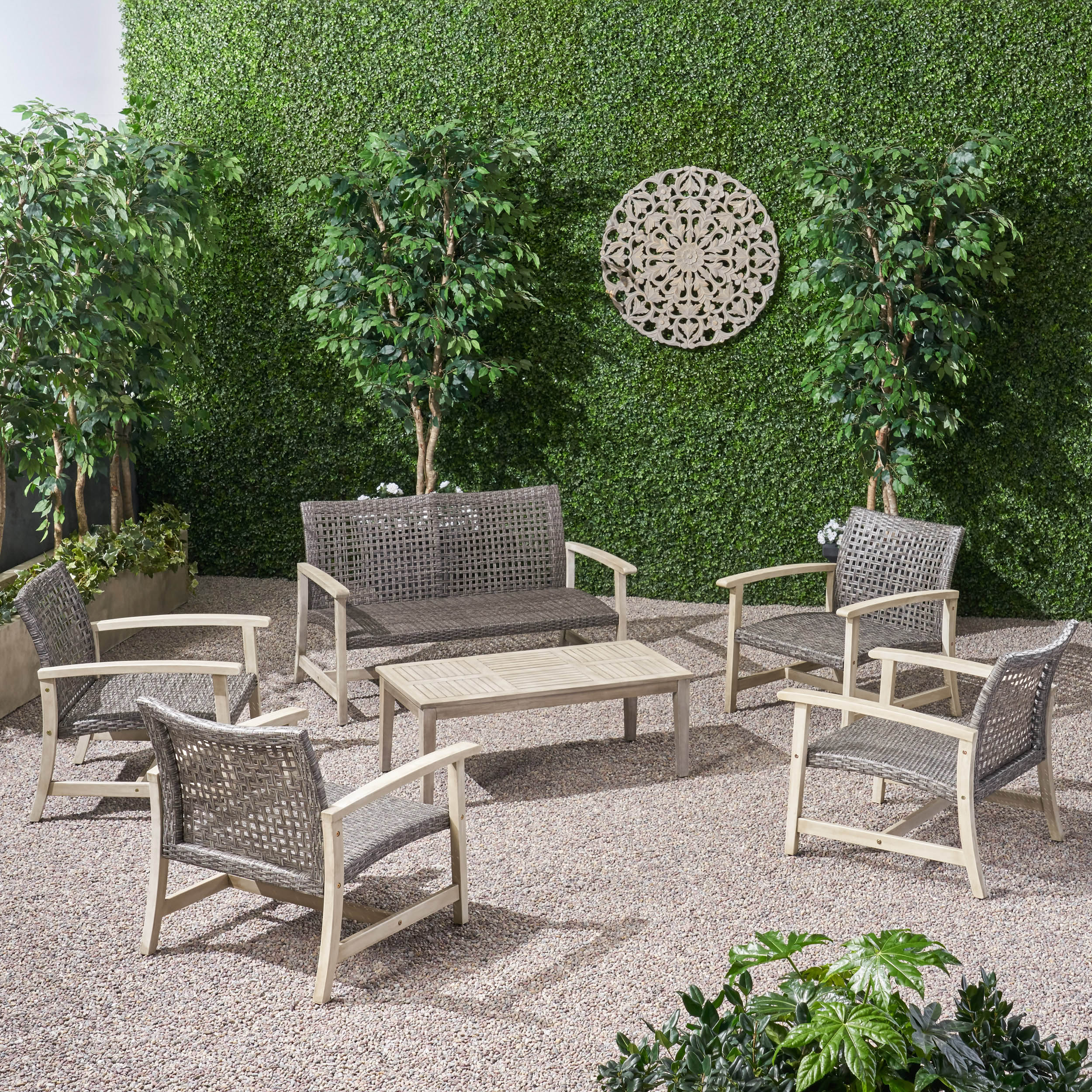 Alyssa Outdoor 6 Piece Wood and Wicker Chat Set