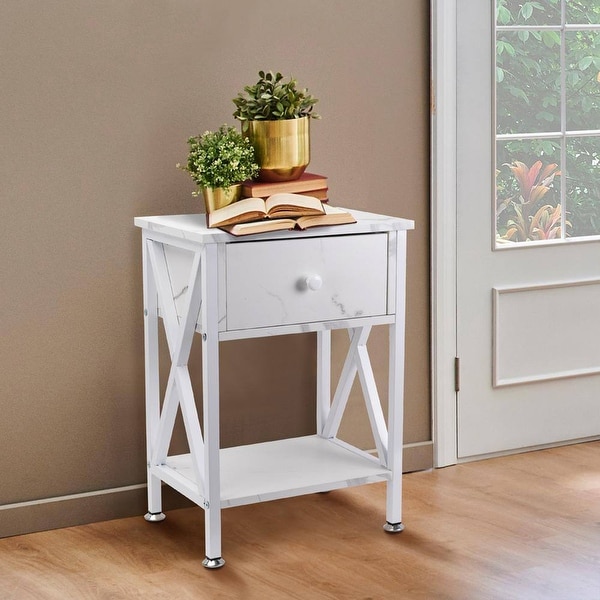 Nightstand with Drawer and Open Storage Shelves， Bedside End Table for Bedroom Living Room