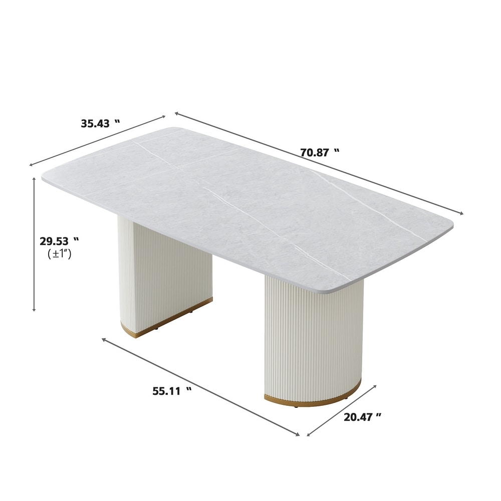 71 '' Modern Dining Table for 8  Rectangular Curved Marbel Tabletop + Beige Double Pedestal   N/A