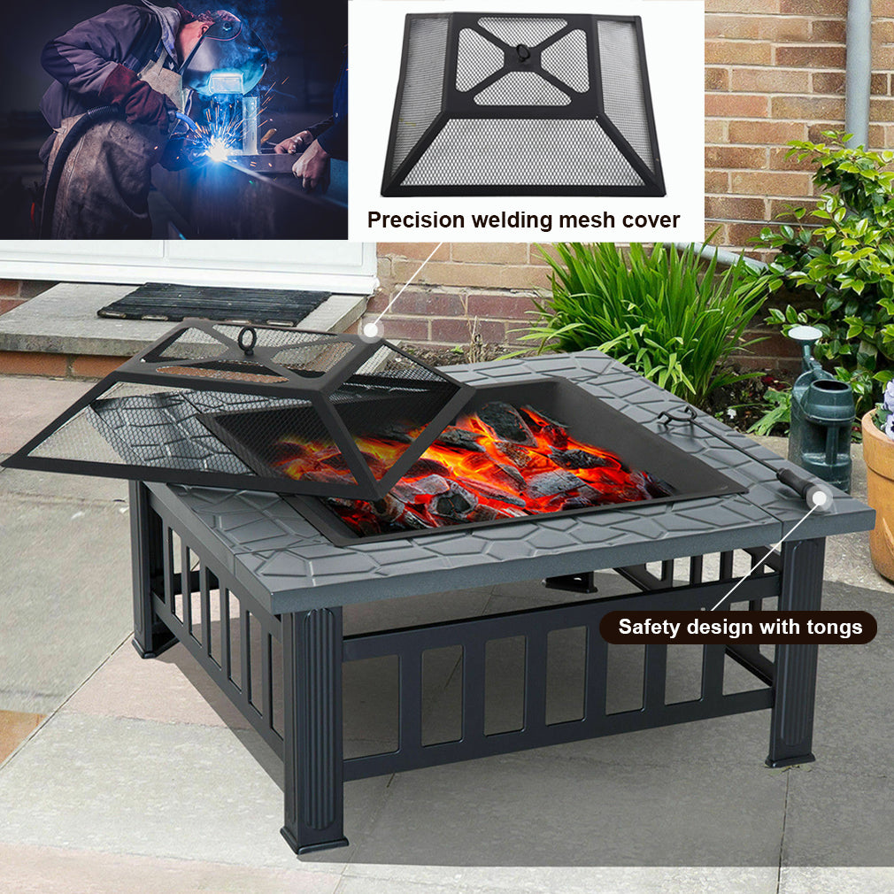 FDW 32" Outdoor Metal firepit for Patio Wood Burning Fireplace Square Garden Stove with Charcoal Rack, Poker & Mesh Cover for Camping