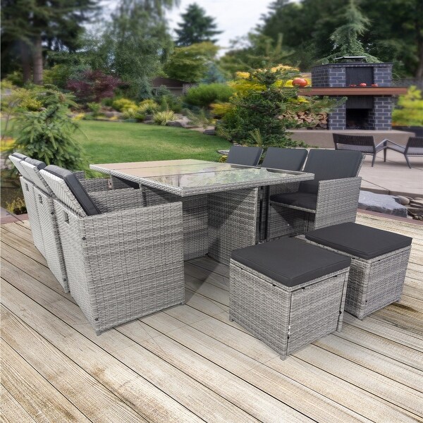 11 Pieces Patio Rattan Dining Sets with Glass Table -  - 37385319