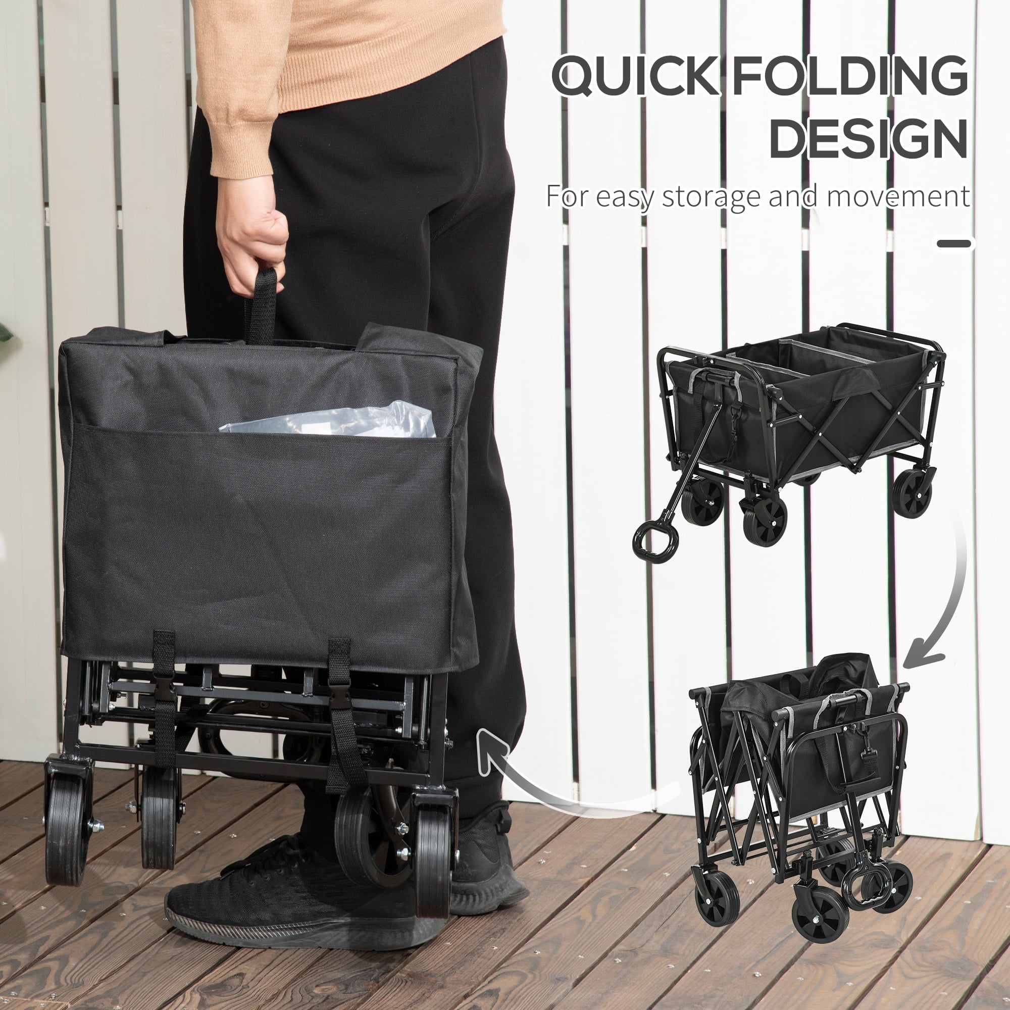 Outsunny Collapsible Folding Wagon Cart， Garden Wagon Portable Cart Black