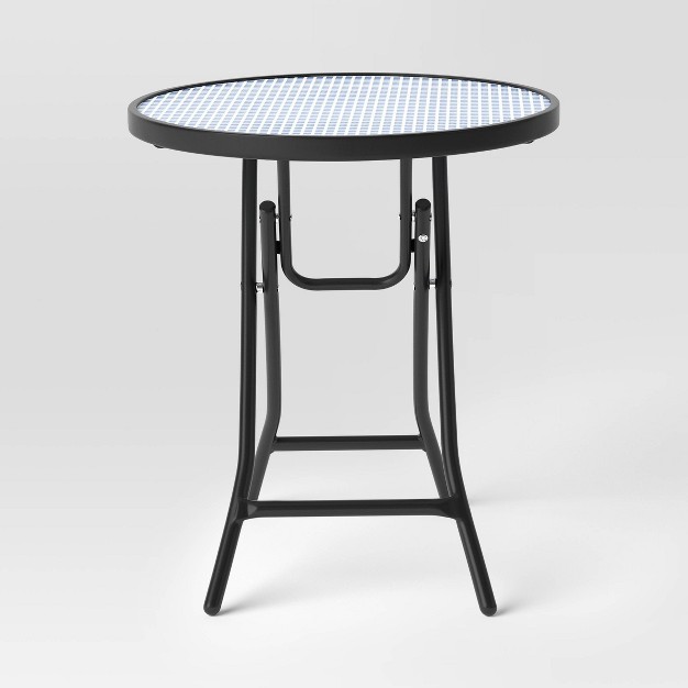 Glass Round Printed Folding Outdoor Portable Side Table Blue