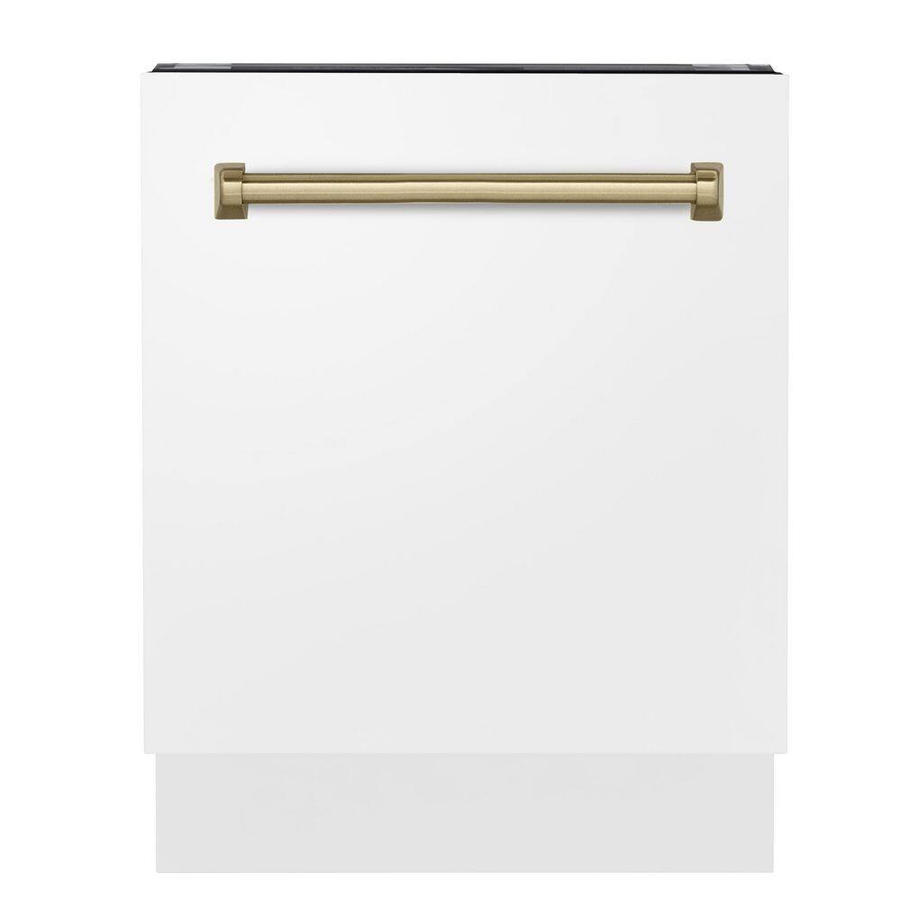 ZLINE Kitchen and Bath Autograph Edition 24 in. Top Control 8-Cycle Tall Tub Dishwasher w 3rd Rack in Matte White  Champagne Bronze DWVZ-WM-24-CB