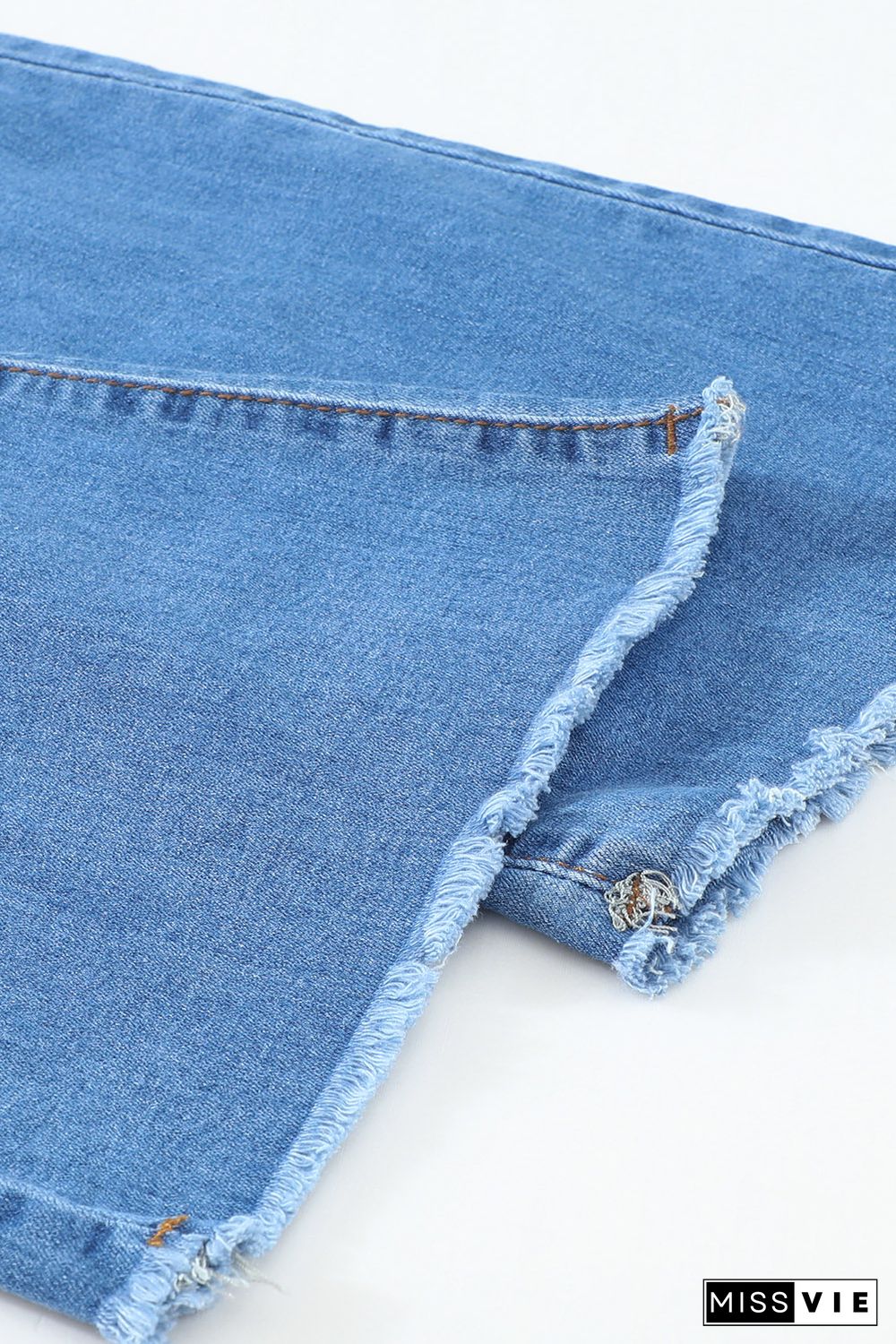 Sky Blue High Waist Raw Hem Button Ripped Flare Jeans