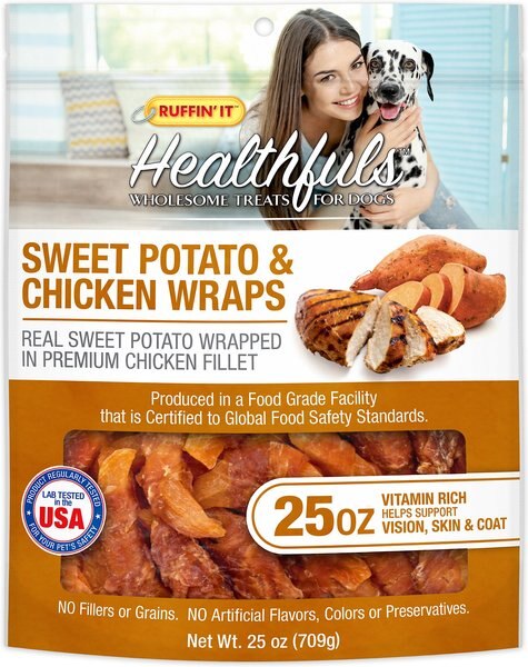 RUFFIN' IT Healthfuls Sweet Potato and Chicken Wraps Grain-Free Dehydrated Dog Treats， 25-oz bag