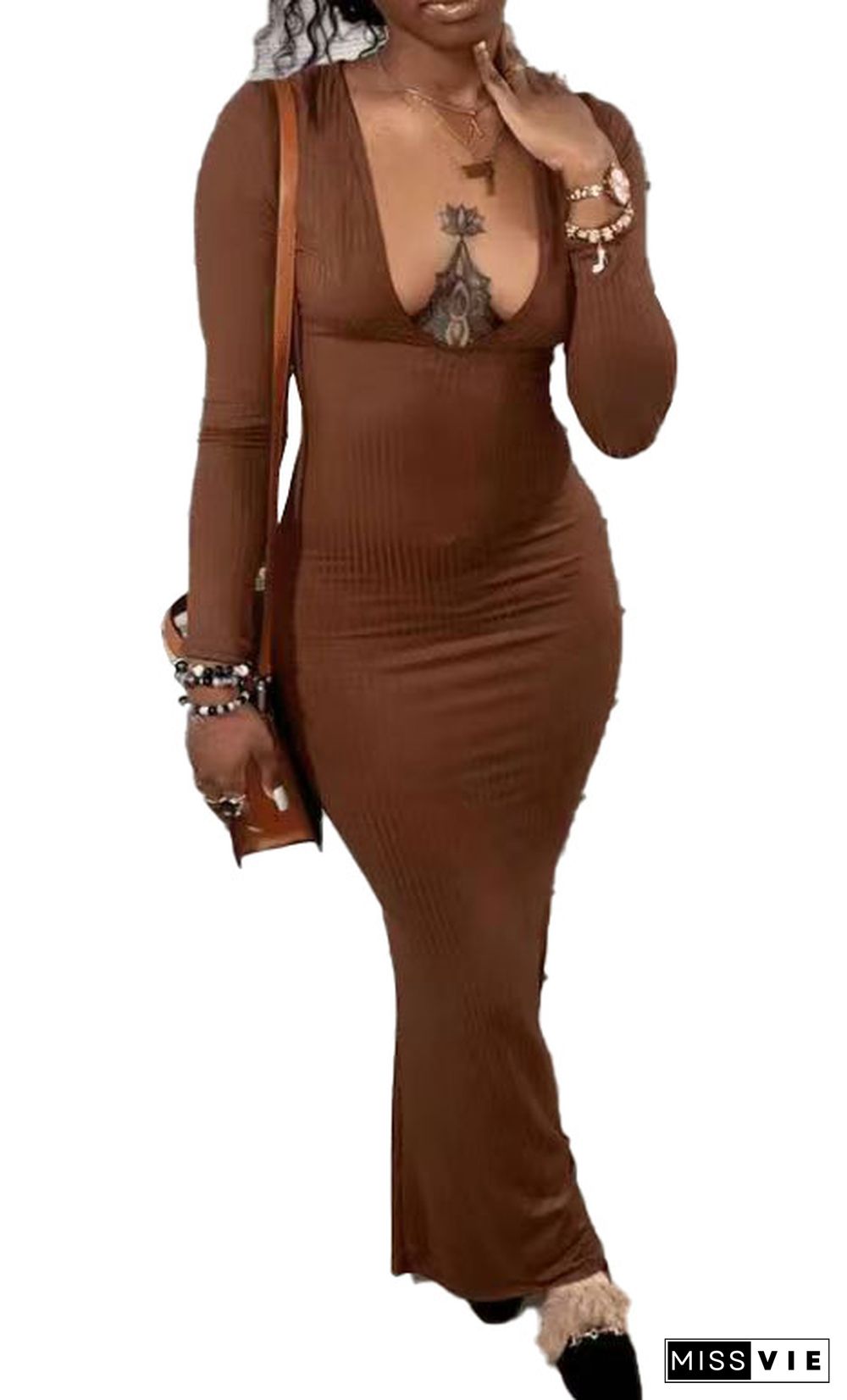 Low Cut Long Sleeve Bodycon Maxi Dresses