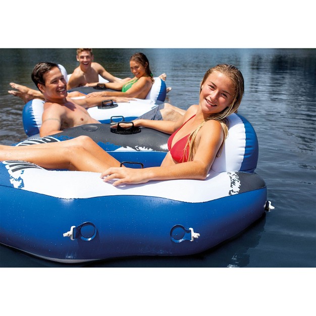 Intex River Run Single Person Inflatable Connecting Floating Lounge Tube Backrest Chair With Built in Cupholders And Mesh Bottom Blue