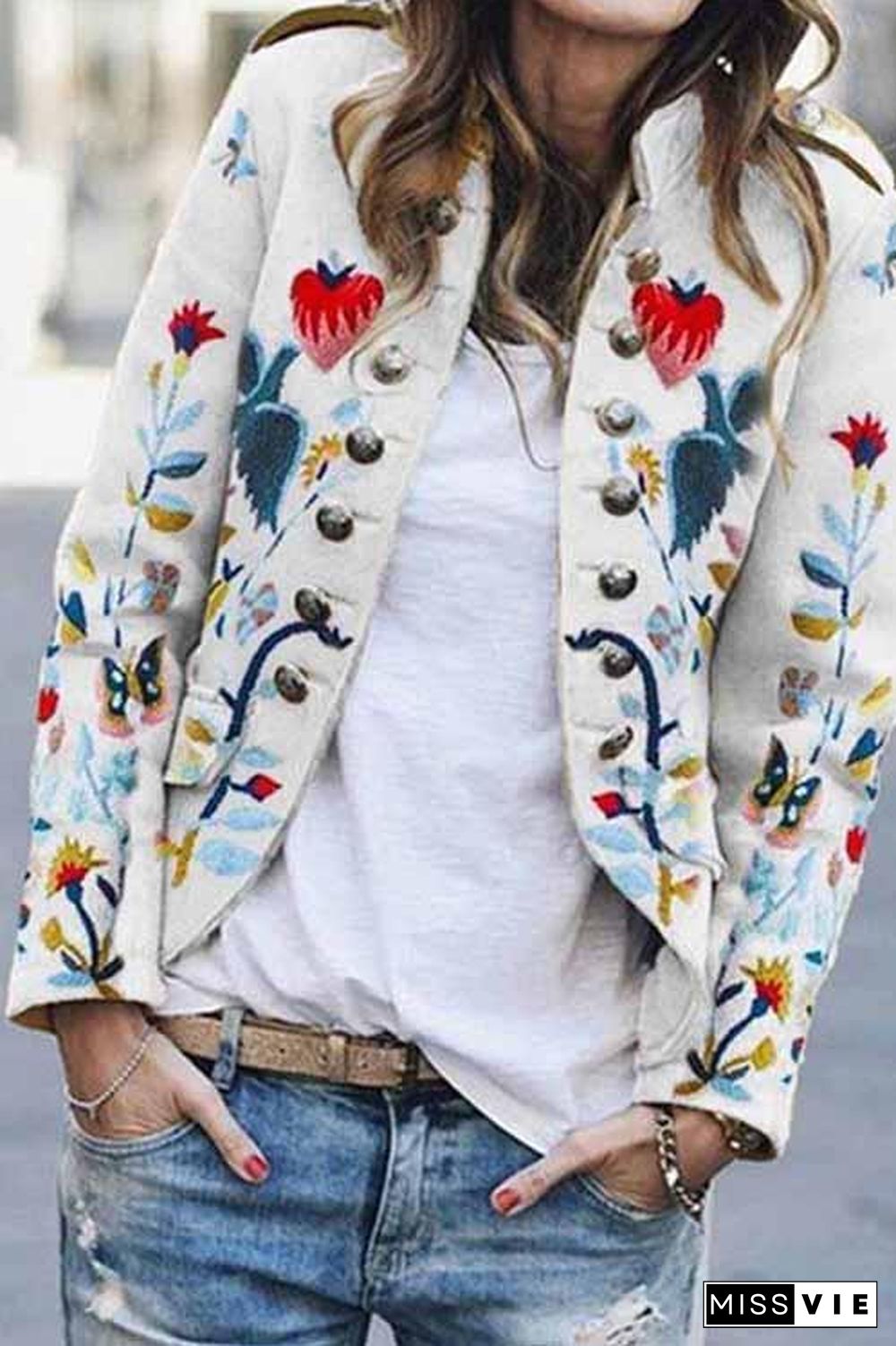 Floral Print Metal Button  Jacket