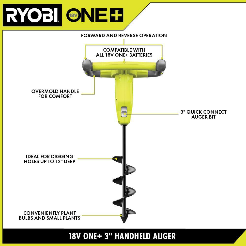 RYOBI ONE+ 18V Cordless Earth Auger with 3 in. Bit 2.0 Ah Battery and Charger P29160