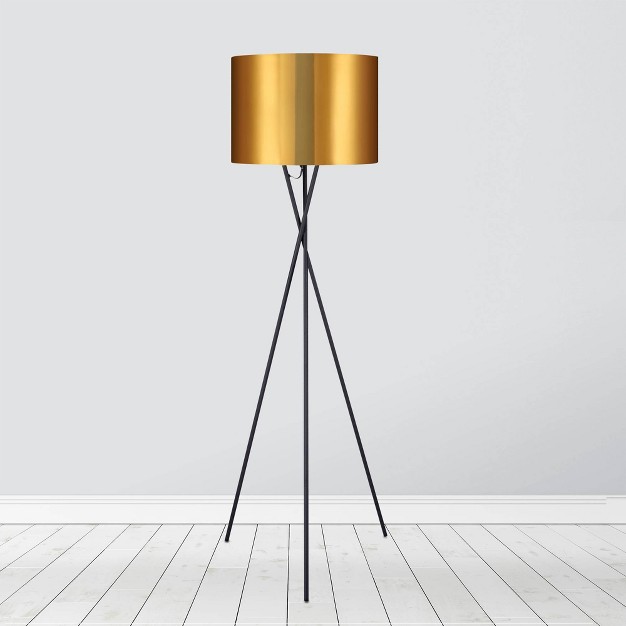 Kona Mid century Modern Tripod Floor Lamp With Drum Shade Gold black Teamson Home