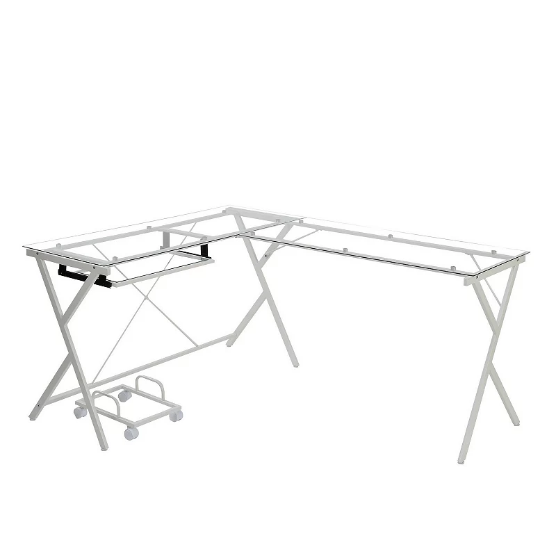 Computer Desk with Glass Top and CPU Holder， White