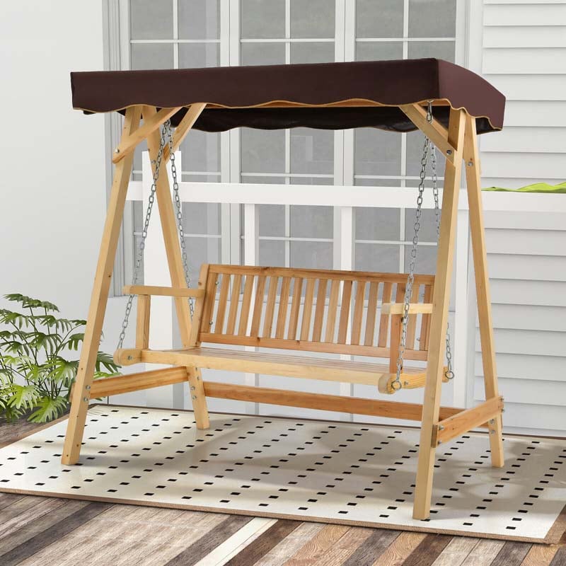 2-Person Wooden Porch Swing Bench Chair, A-Frame Outdoor Patio Swing with Adjustable Canopy