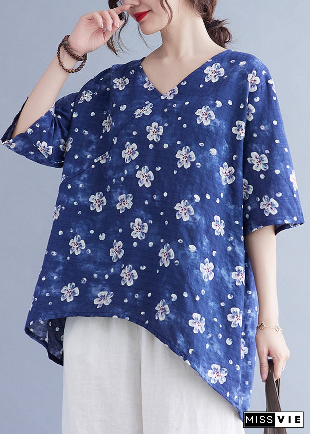 Women Blue Oversized Print Low High Design Linen Tank Tops Summer