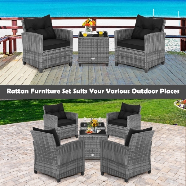 3Piece Outdoor Wicker Patio Furniture Set with Tempered Glass Coffee Table