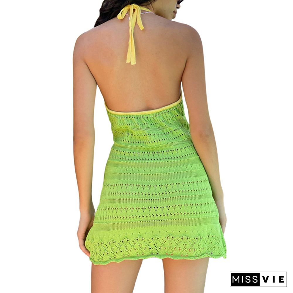 Women Halter Bodycon Mini Dress Sleeveless Backless Color Block Crochet Mini Dress Female Summer Clothes Tank Sundress