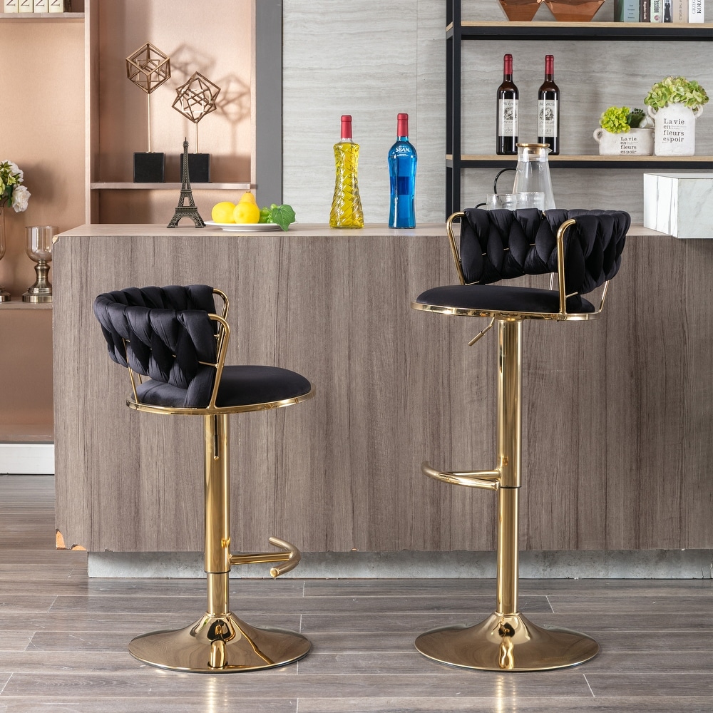 Modern Retro Height Adjustable Counter Chair Swivel Bar Stools Set of 2 with Velvet Woven Backrest Handrail and Footrest