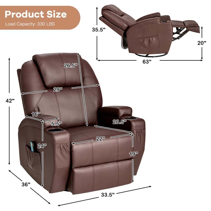 Leather Massage Recliner Chair 360 Degree Swivel Glider Rocker with Lumbar Heating & Remote Control