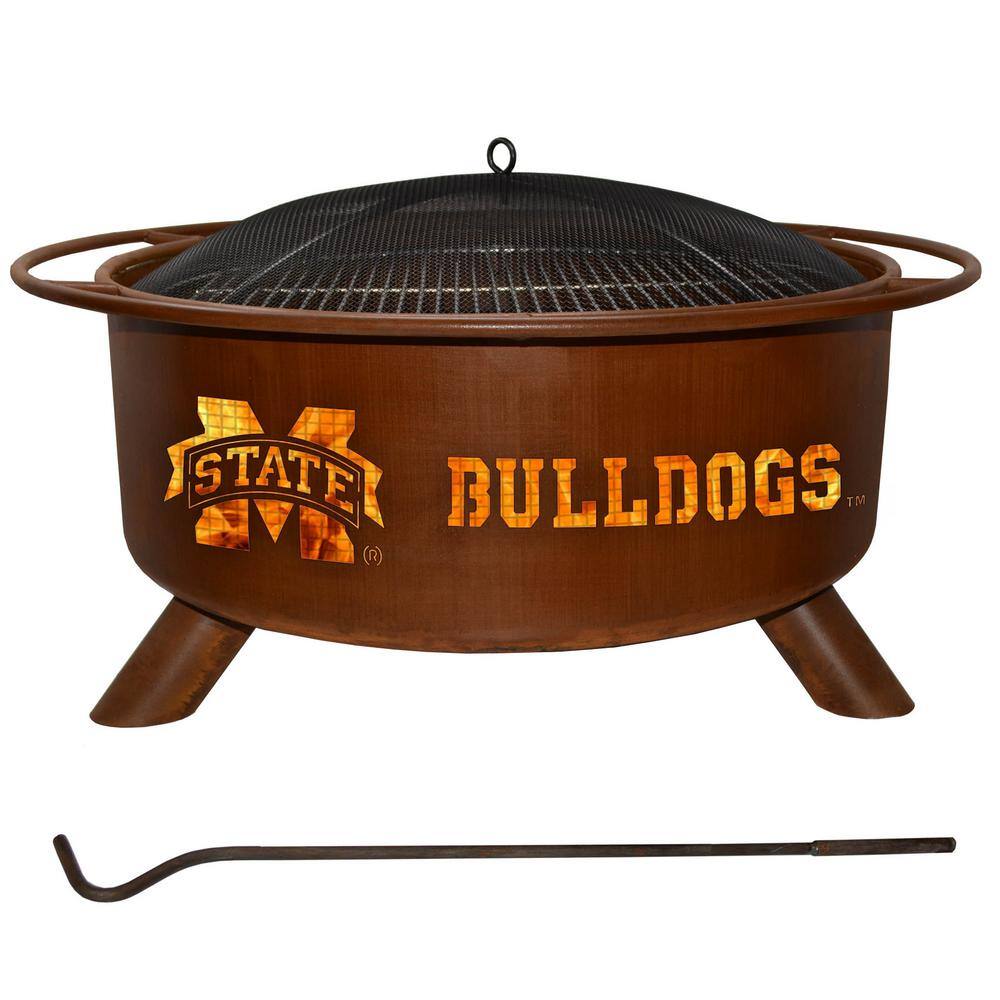 Mississippi State 29 in. x 18 in. Round Steel Wood Burning Rust Fire Pit with Grill Poker Spark Screen and Cover F246