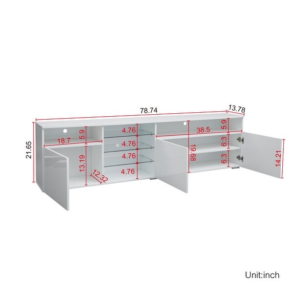 78'' High Gloss RGB LED TV Stand with Left 3-Tier Glass Shelf， Living Room TV Cabinet Entertainment Center