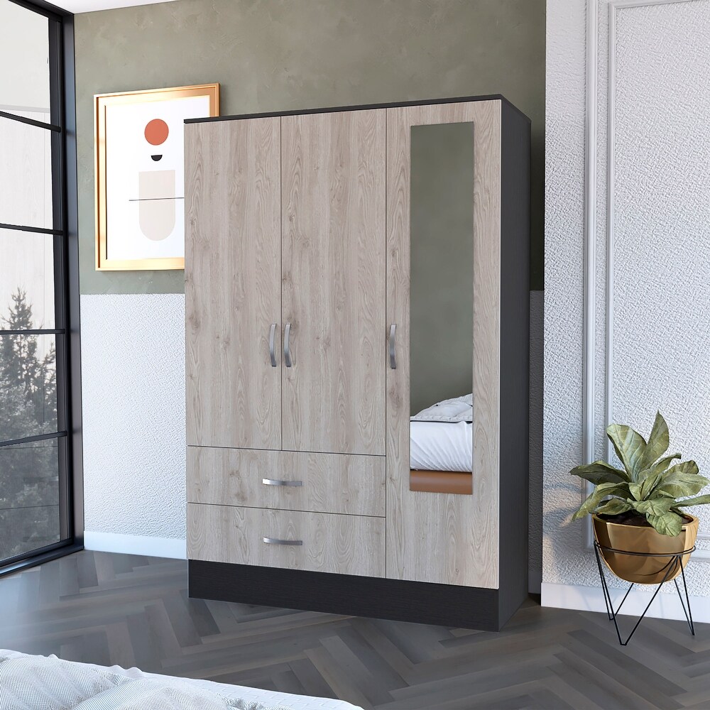 Black Rock 2 Drawer Small Armoire with Mirror Door Black Wengue and Light Gray