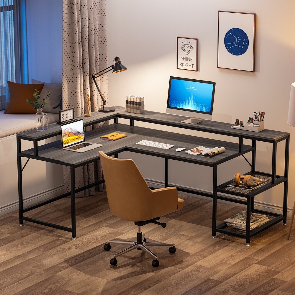 Reversible L Shaped Desk with Monitor Shoelf  Large Computer Desk for Office Home