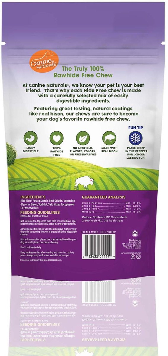 Canine Naturals 7-in Roll Bison Dog Chew Treat， 7.6-oz bag， 2 count