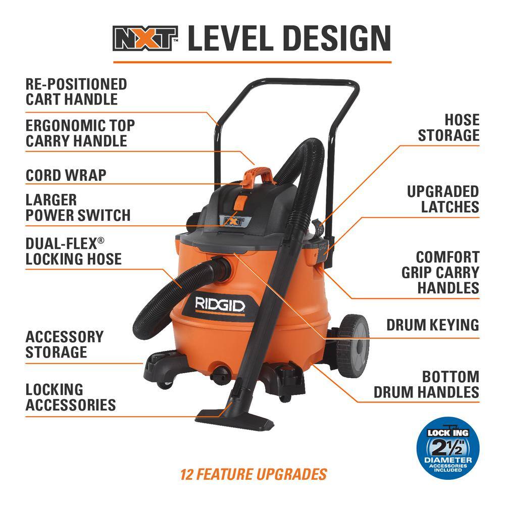 RIDGID 16 Gal. 6.5-Peak HP NXT WetDry Shop Vacuum Fine Dust Filter Locking Hose Accessories and 2pk Dust Collection Bags HD1800C