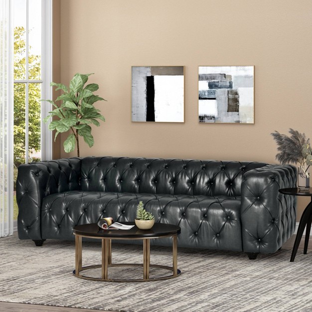 Sagewood Contemporary Faux Leather Tufted 3 Seater Sofa Midnight Black dark Brown Christopher Knight Home