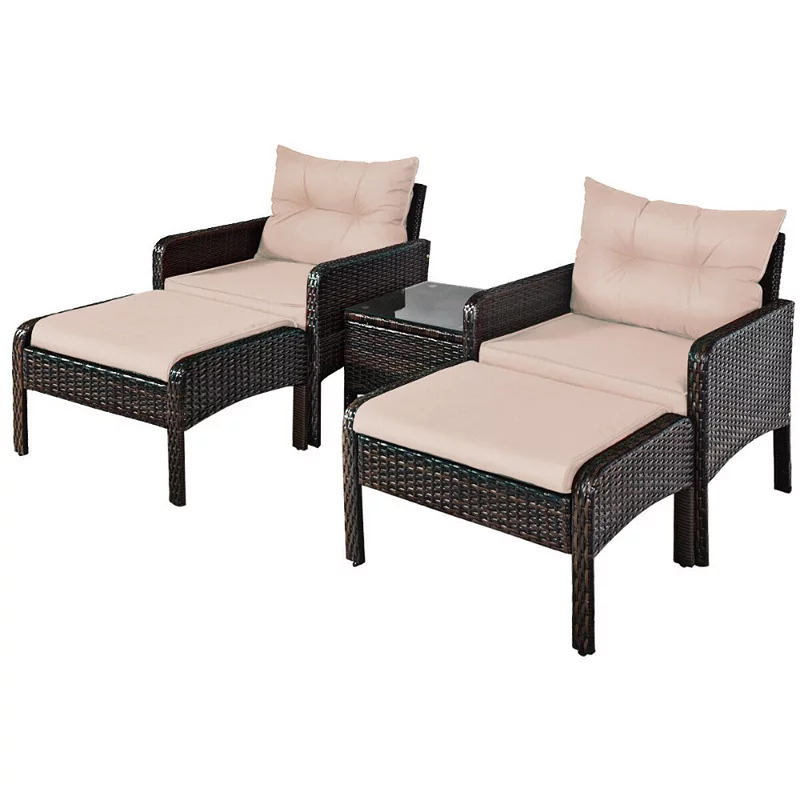 5 Pieces Patio Rattan Sofa Ottoman Furniture Set with Cushions