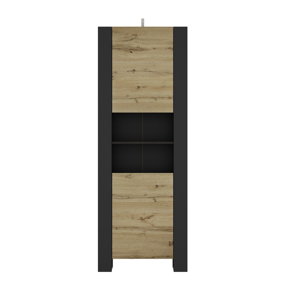 Tall Curio Storage Pantry with 5 Shelves   2 Doors (Wood + Black)   67.3\