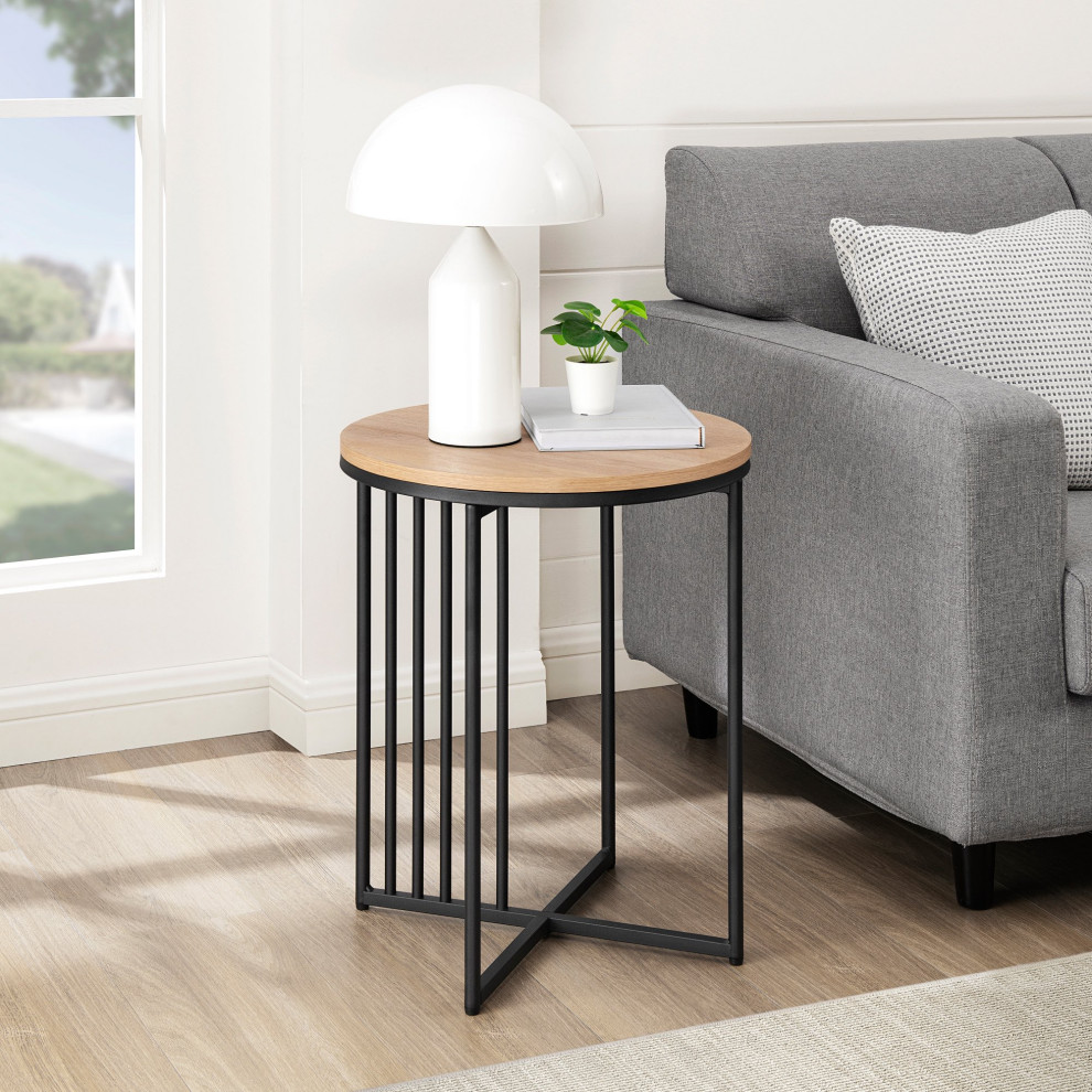 Contemporary End Table  Crossed Metal Base With Slatted Accent  ampCoastal Oak Top   Industrial   Side Tables And End Tables   by Decor Love  Houzz