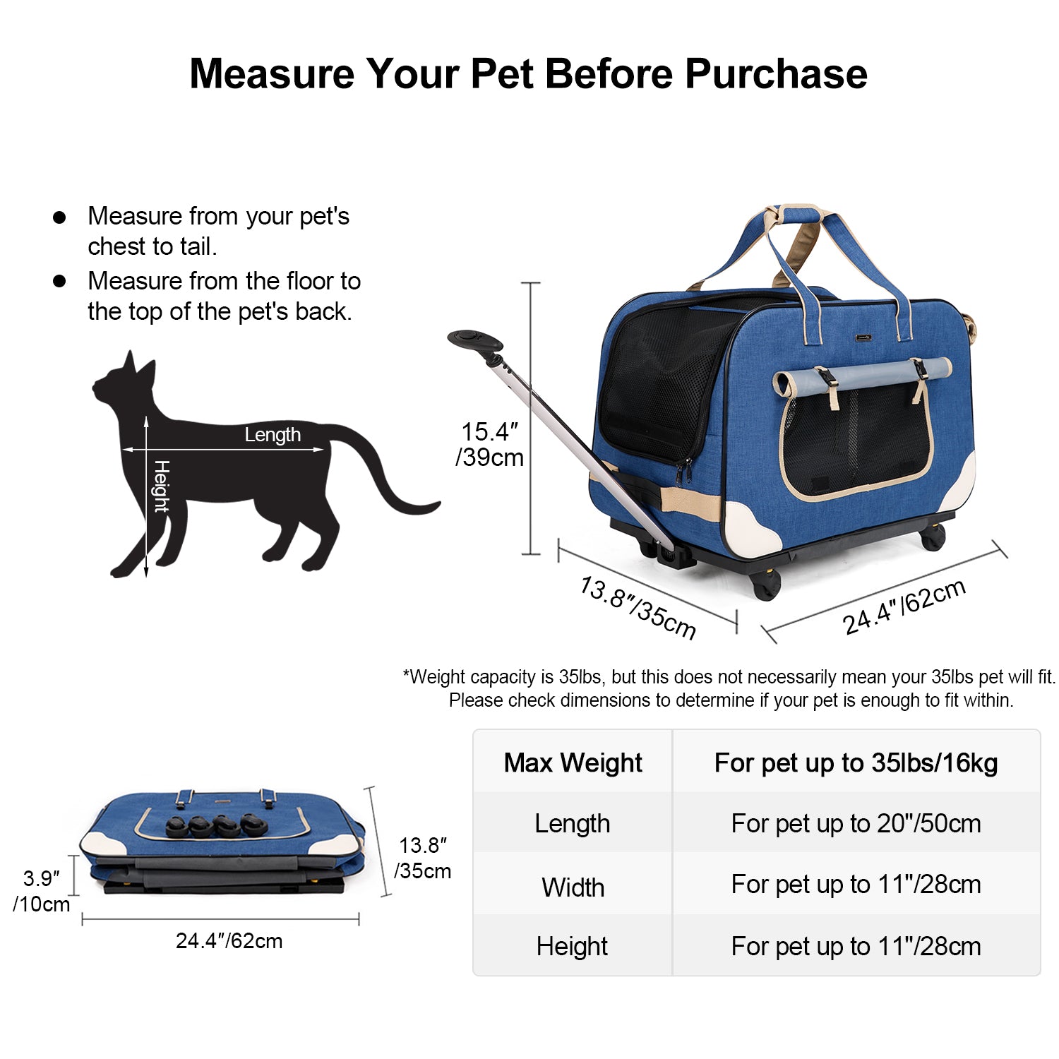 ELEGX Pet Rolling Carrier with Wheels for Up to 35 LBS，with Durable Handle and Flexible Wheels，Four Sides and Bottom Sponge Filling(Large Space-Not Airline Approved)