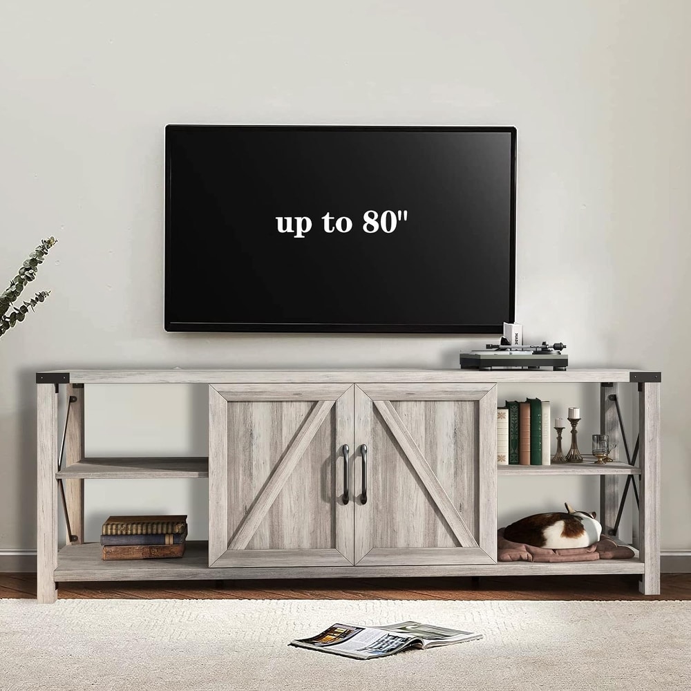 Wood Media Console Farmhouse TV Stand with Adjustable Shelves for Living Room 68 inch   M