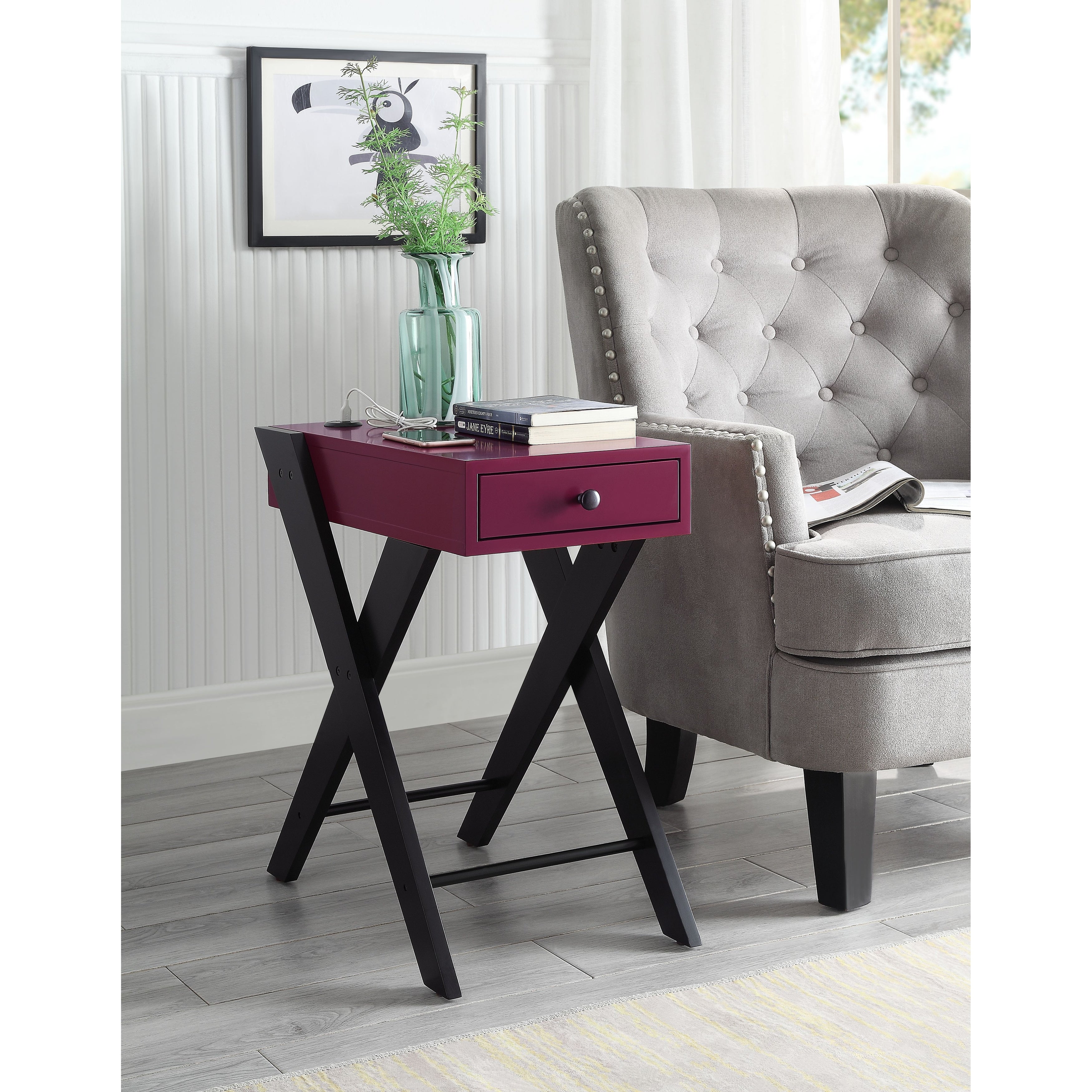 Fierce Side Table (USB Charging Dock) ， Wooden Top Drawer with X-Shape Leg