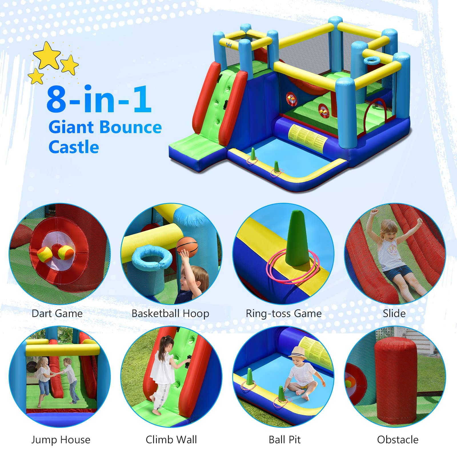 Costzon 8-in-1 Kids Giant Bounce House, Indoor Outdoor Inflatable Kids Jumping Bouncy Castle with Large Jumping Area