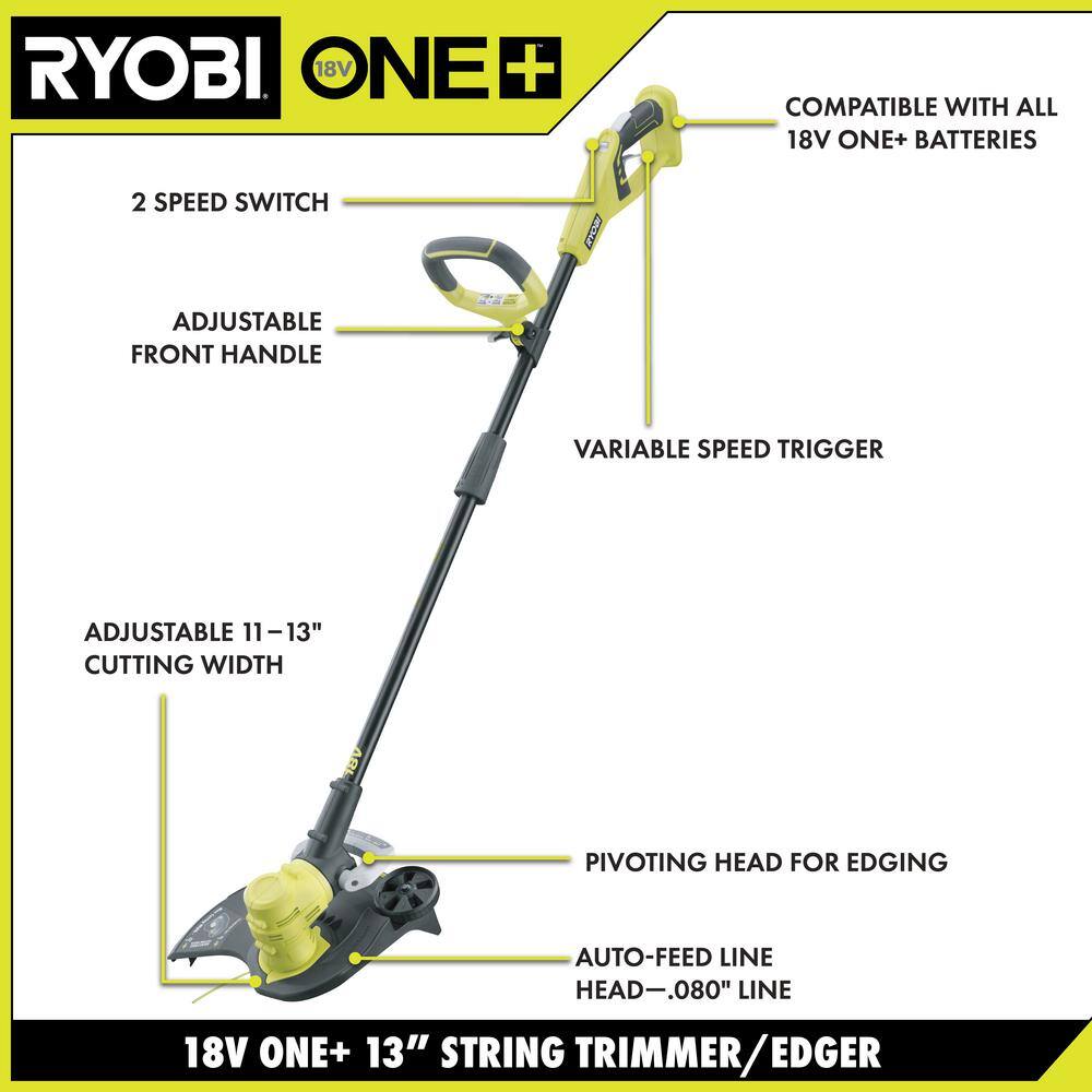 RYOBI ONE+ 18V 13 in. Cordless Battery String TrimmerEdger and 22 in. Hedge Trimmer with 4.0 Ah Battery and Charger P2080-HDG