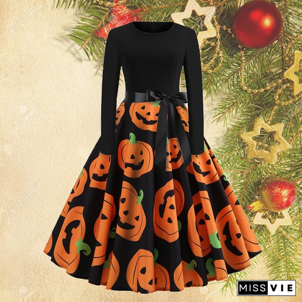 Trendy Women Halloween Christmas Costumes Long Sleeve Dresses Elegant Pumpkin Santa Claus Skull 3D Print Evening Party Dresses Festival Round Neck Belt Prom Dresses Plus Size